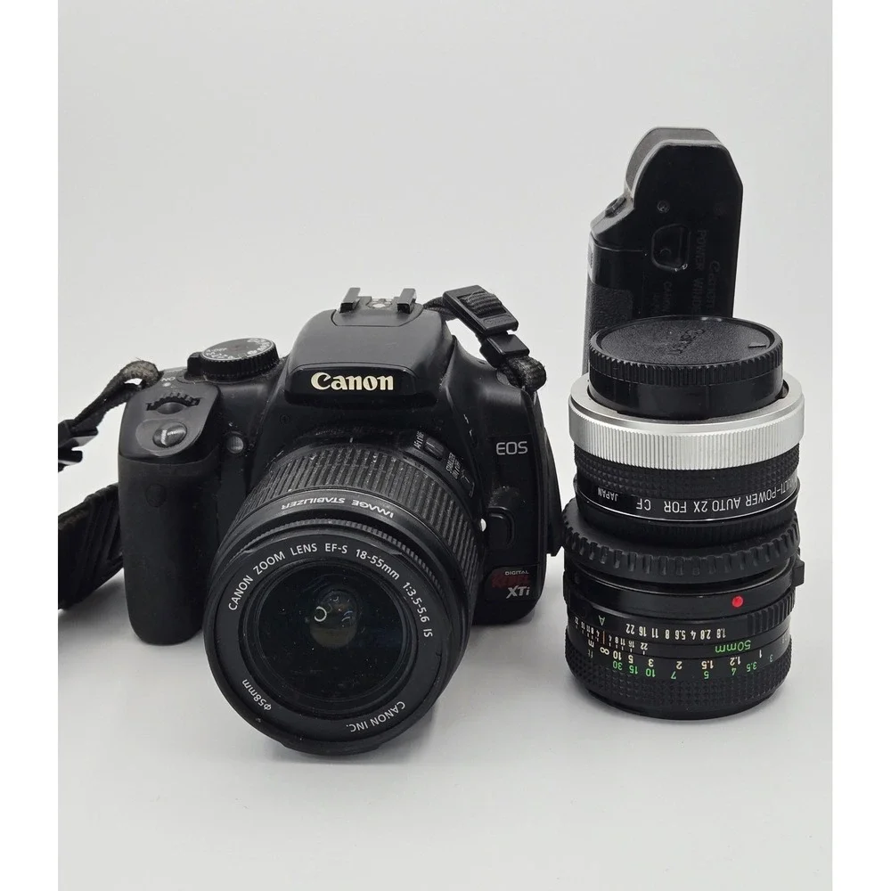 Canon EOS Digital Rebel XTi DSLR Camera Black w 18-55mm IS Lens- 50mm Lens WORKS